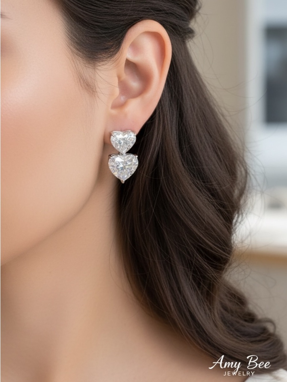 White Gold Plated Heart Drop CZ Earrings. New. - Picture 3 of 6